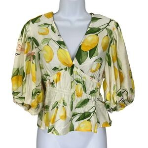 HM Top Lemon Print Puff Sleeve Smocked Babydoll Blouse Sz S Bohemian Romantic